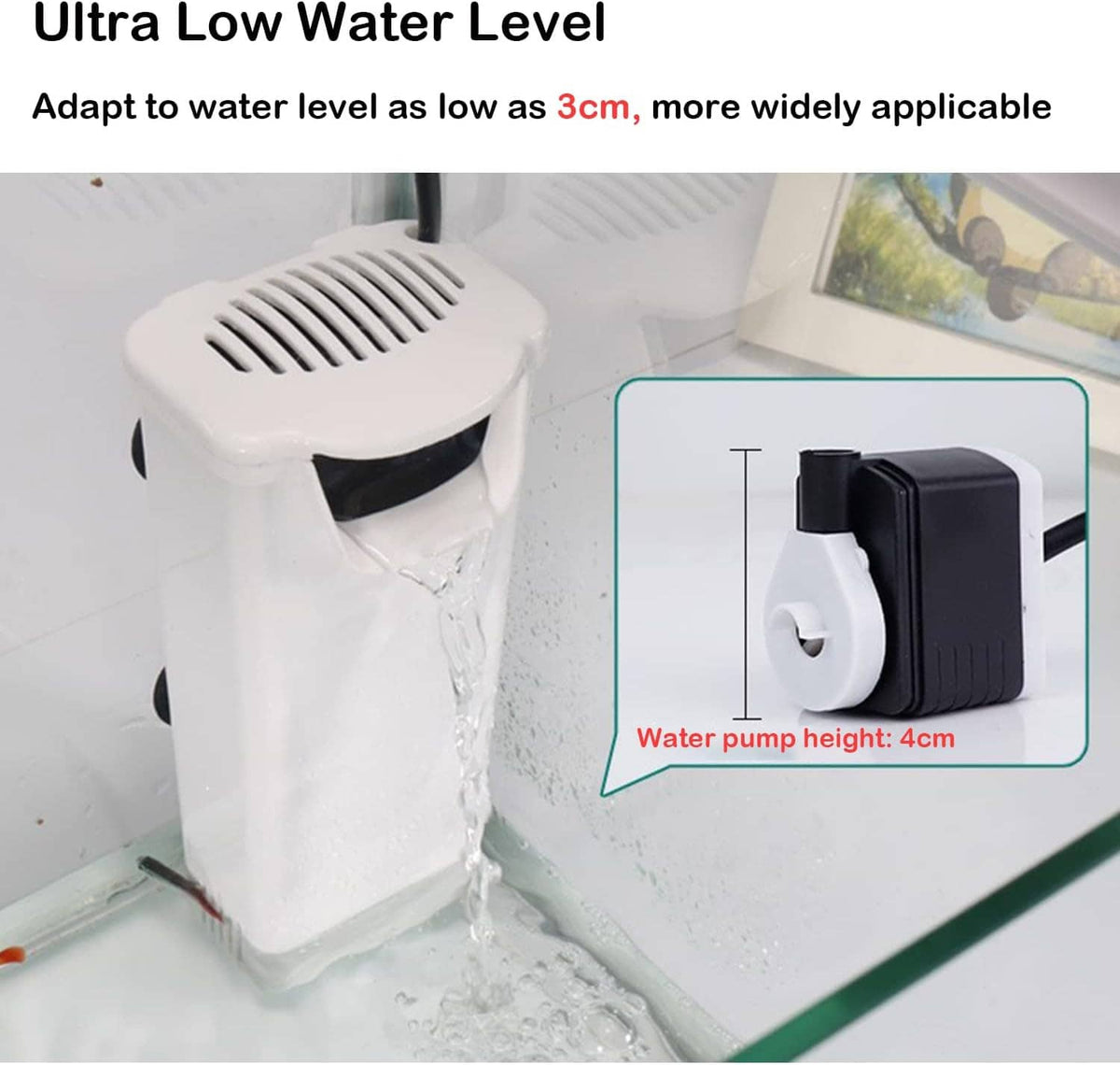 White aquarium filter designed for ultra-low water levels with vented top and side outlet