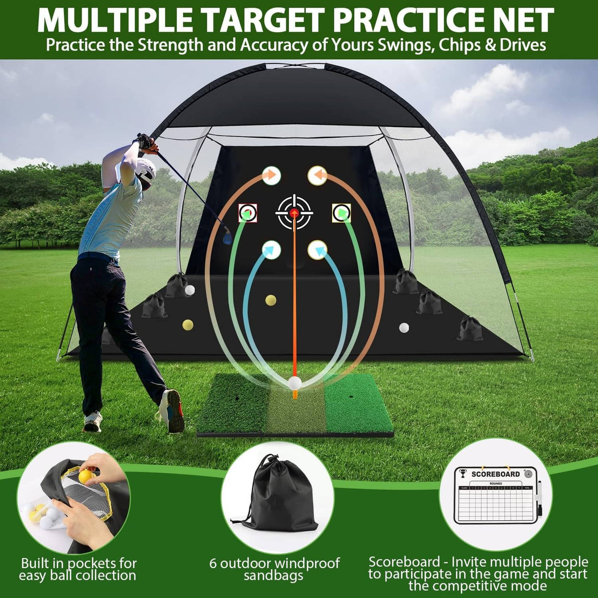 Black golf practice net with arched frame and target board, tri-turf base