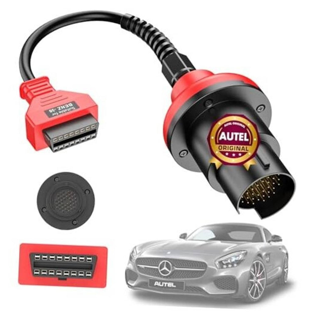 OBDII adapter cable with red 38-pin male and black 16-pin female connectors, AUTEL badge