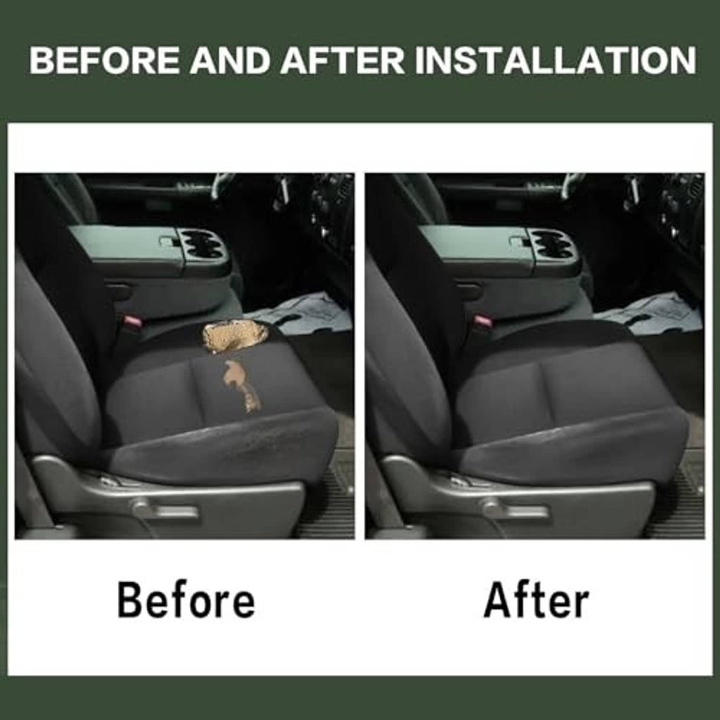 Black seat bottom cover installed in vehicle driver area, before and after view