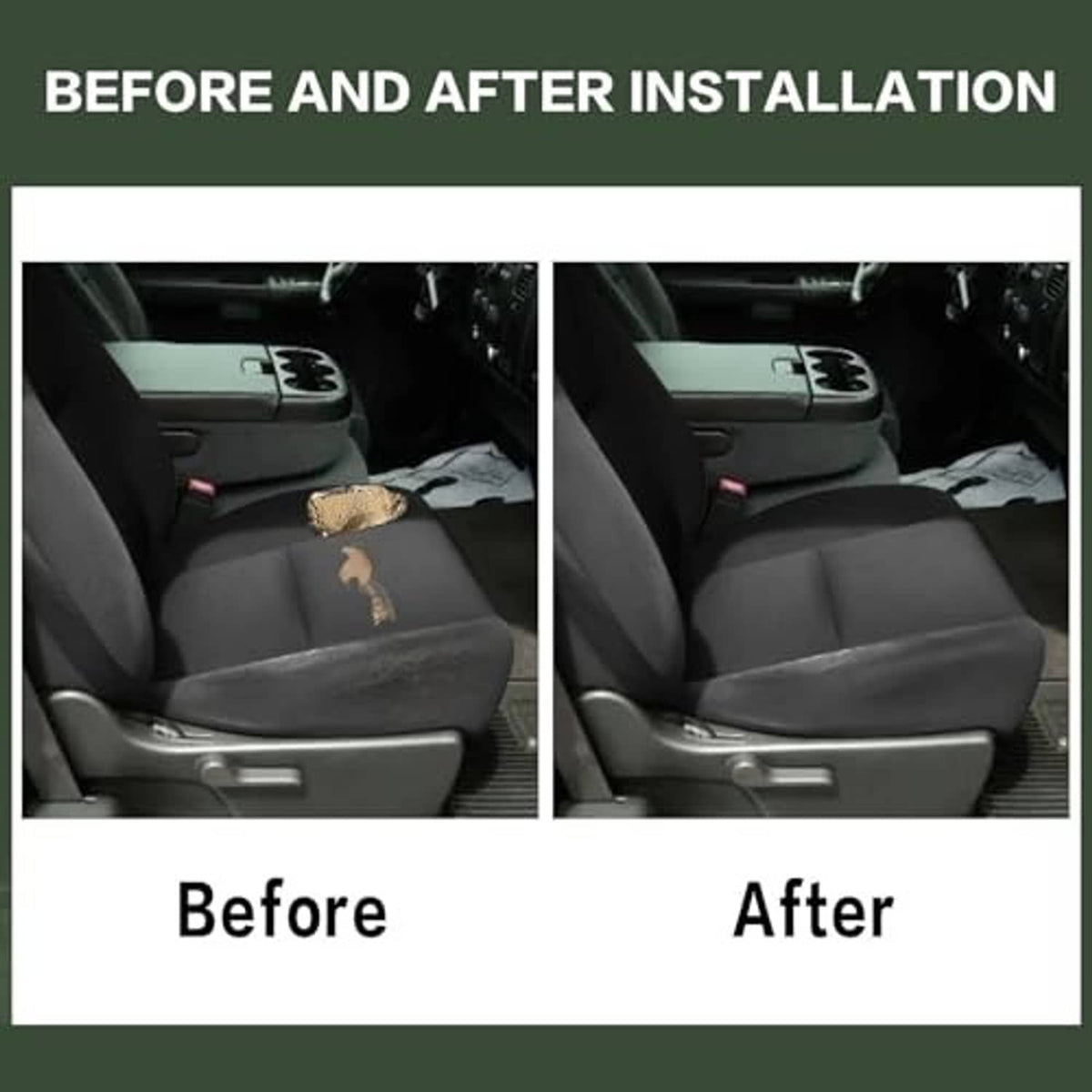 Black seat bottom cover installed in vehicle driver area, before and after view