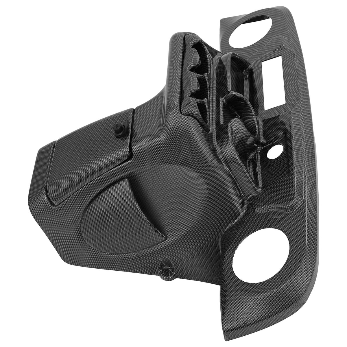 Carbon-fiber style dash panel underside with mounting holes and radio cutout