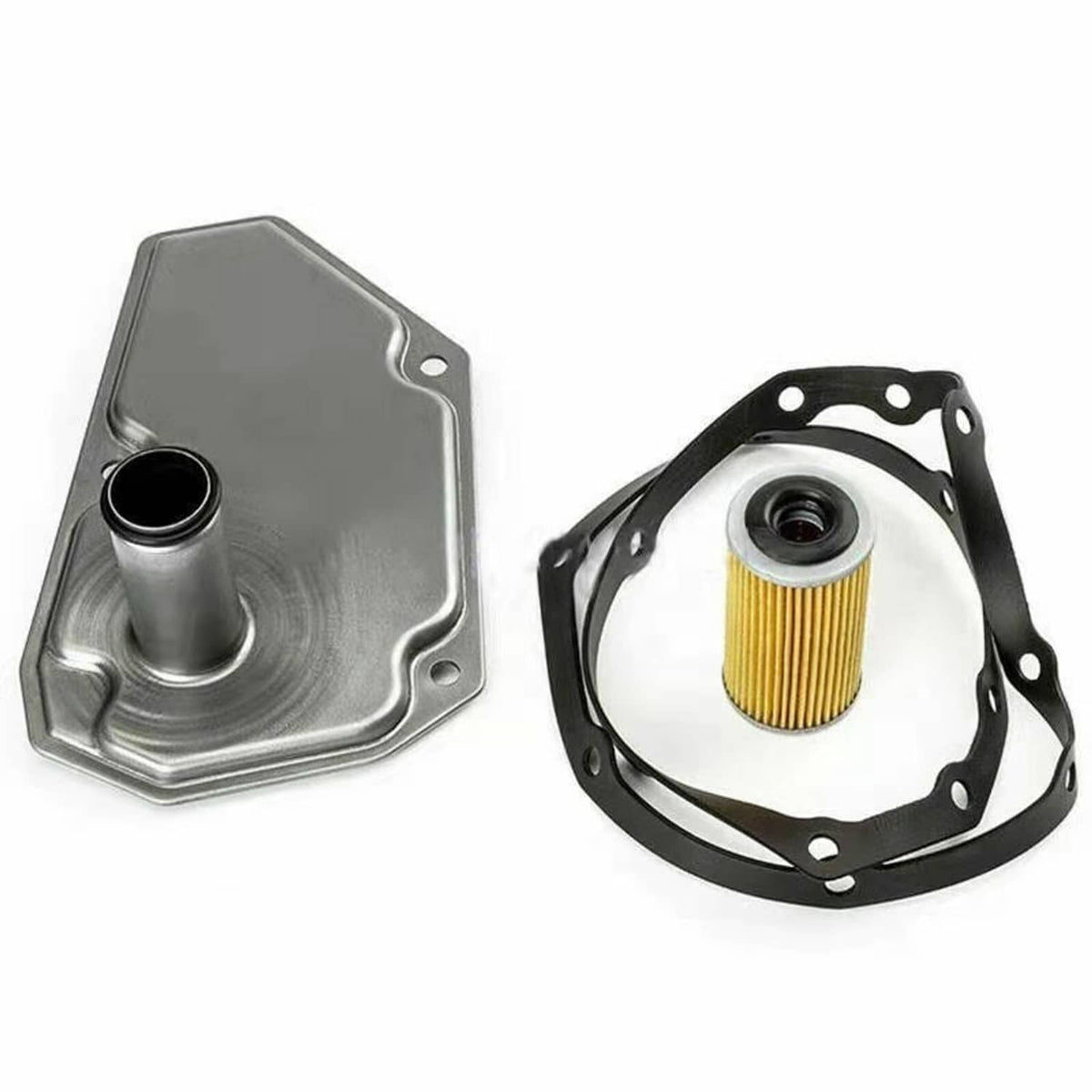 Transmission oil filter housing kit with gasket, metal base and pleated filter with top cap