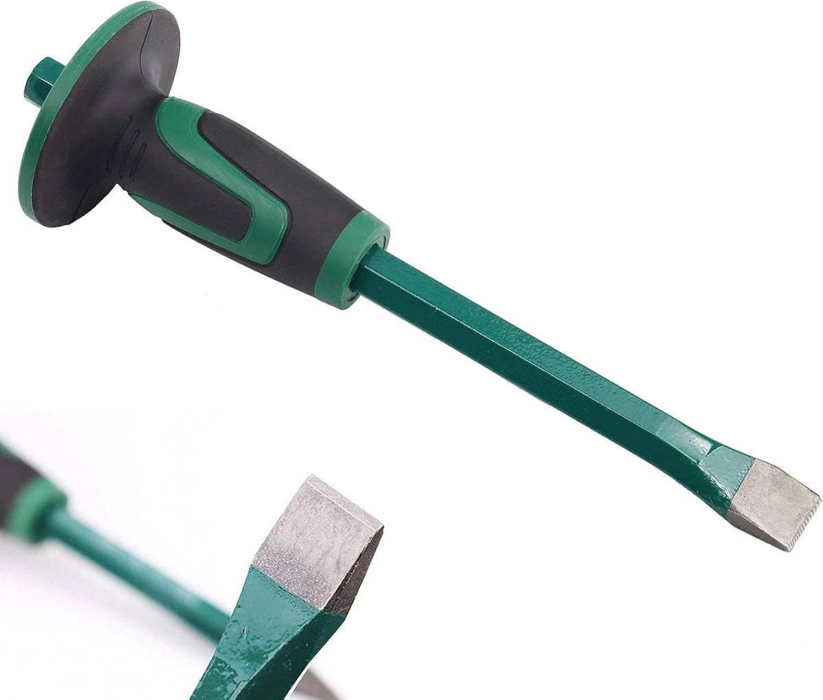 Green and black flat end rock chisel with round hand guard and steel striking tip