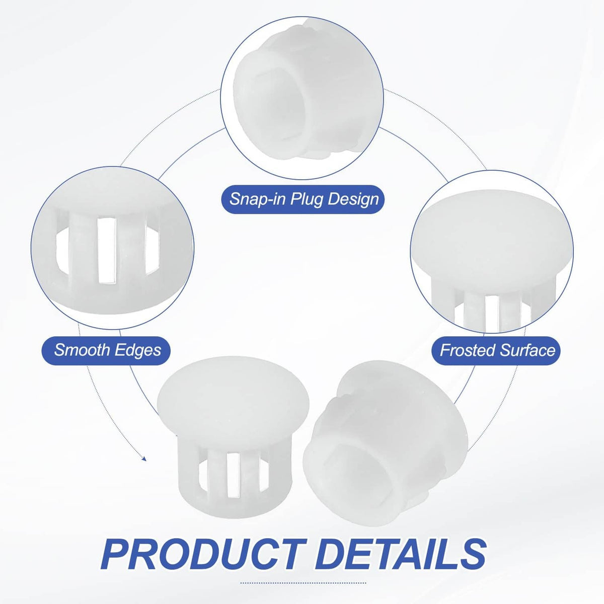 White round plastic flush hole plugs, smooth edges and frosted surface on top