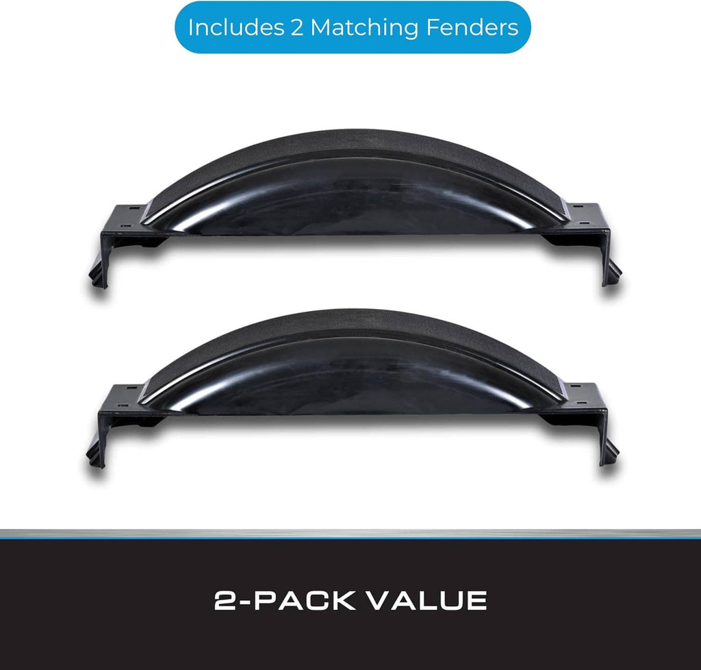Two matching black trailer fenders with curved guards and side mounting brackets
