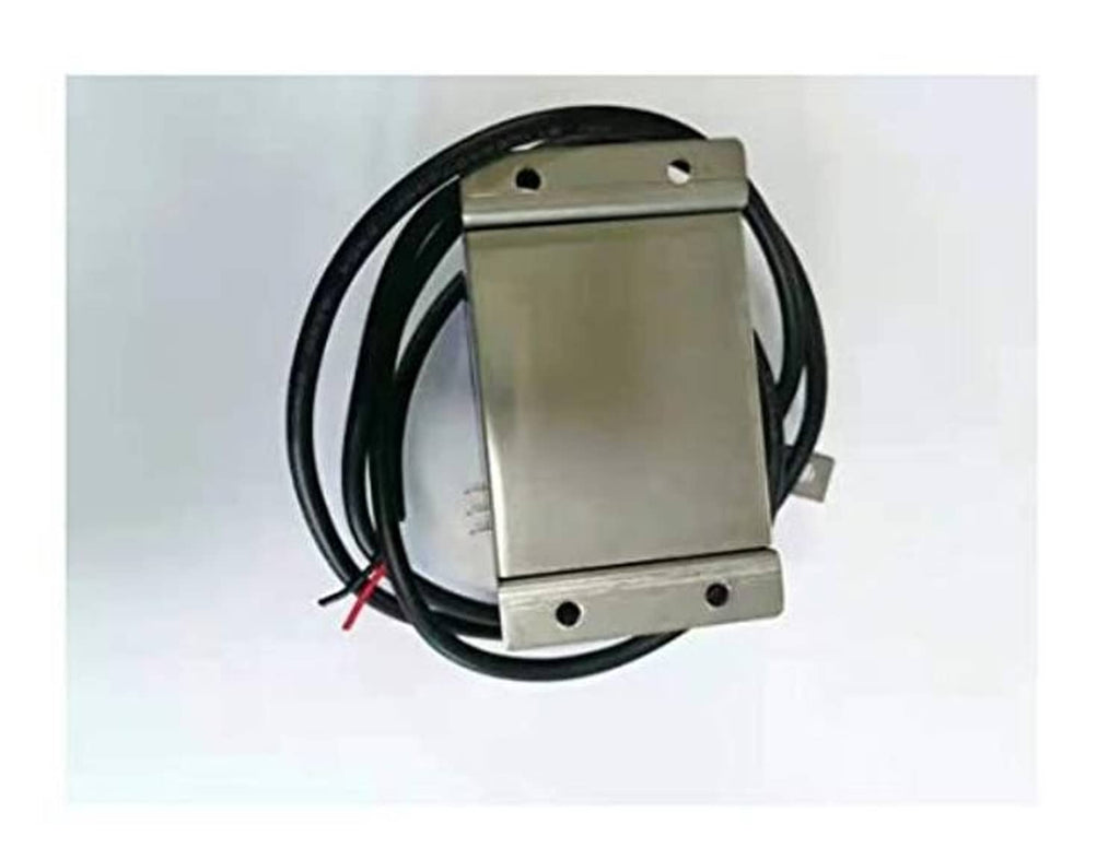 Rectangular metal control module with mounting holes and black wire leads