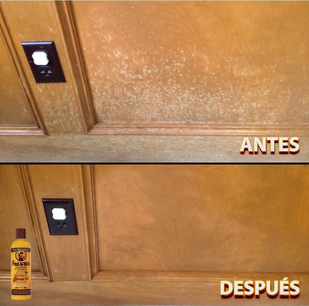 Howard Feed-N-Wax wood polish bottle beside wooden door panel