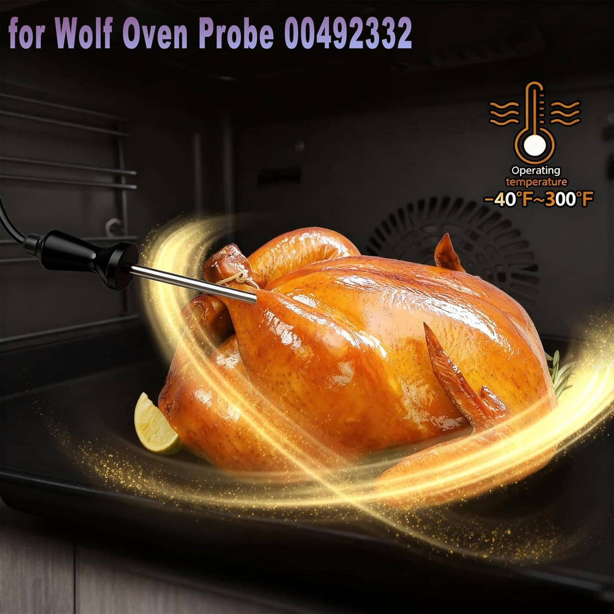 Wolf oven temperature probe inserted into roasting chicken, stainless probe and black lead