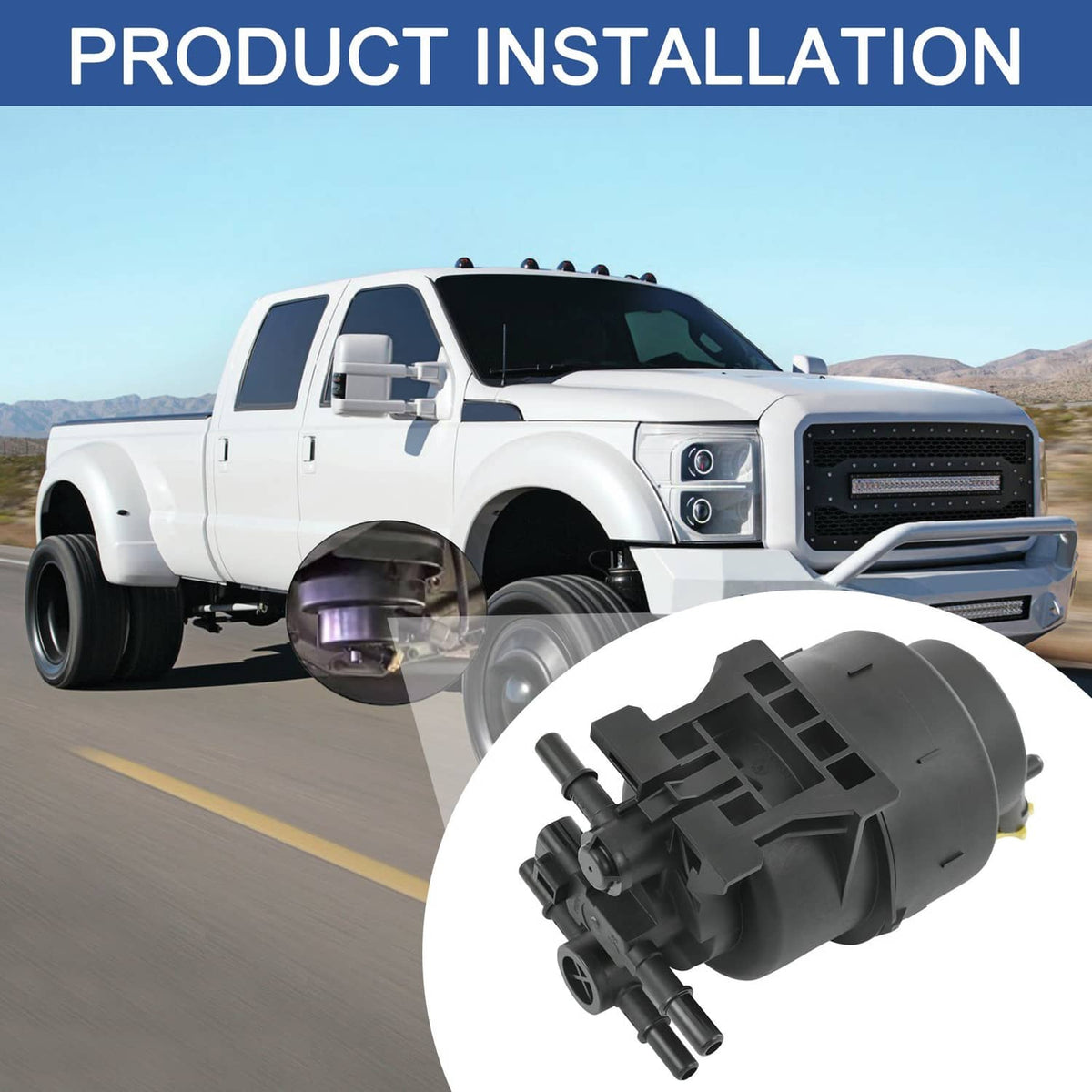 Fuel pump assembly shown beside a white pickup truck, black housing with hose fittings