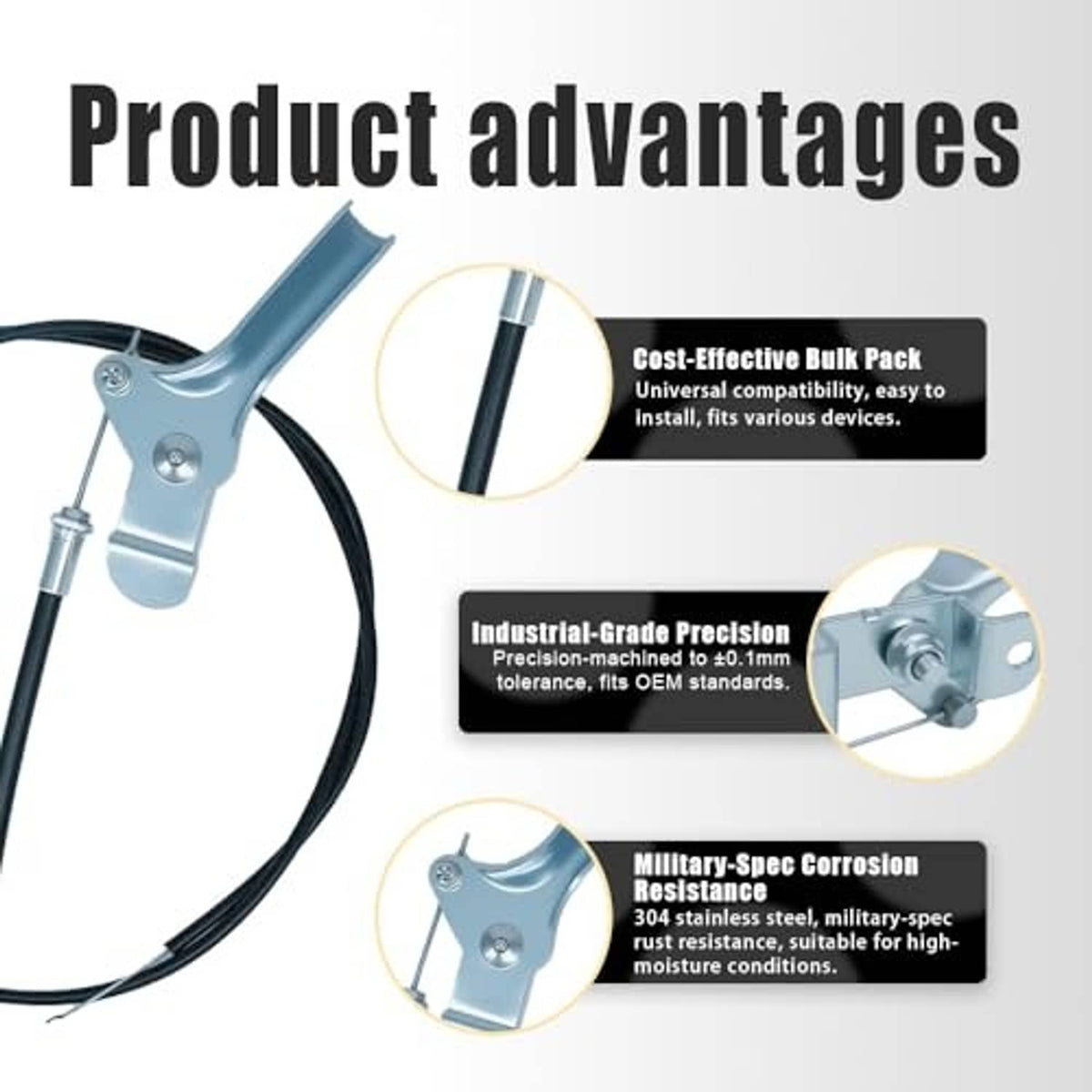 Universal throttle control cable with blue side-mount bracket and black cable housing