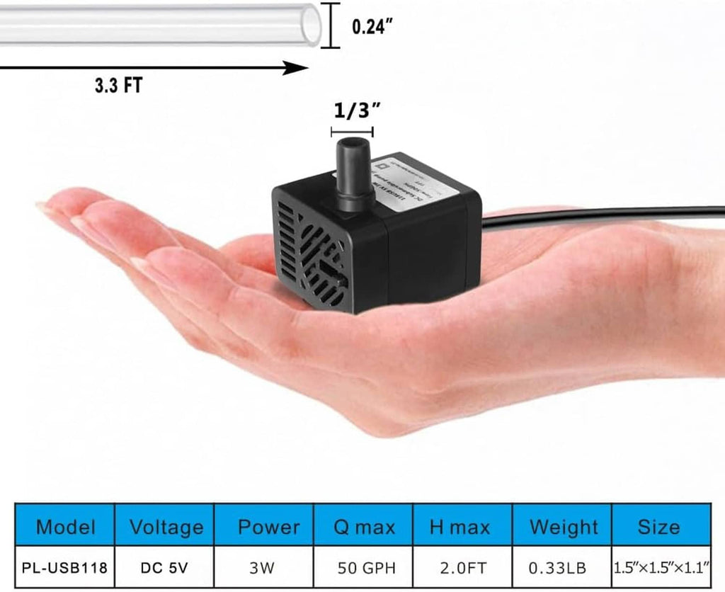 Compact submersible pump with white tube outlet on black body, size diagram shown
