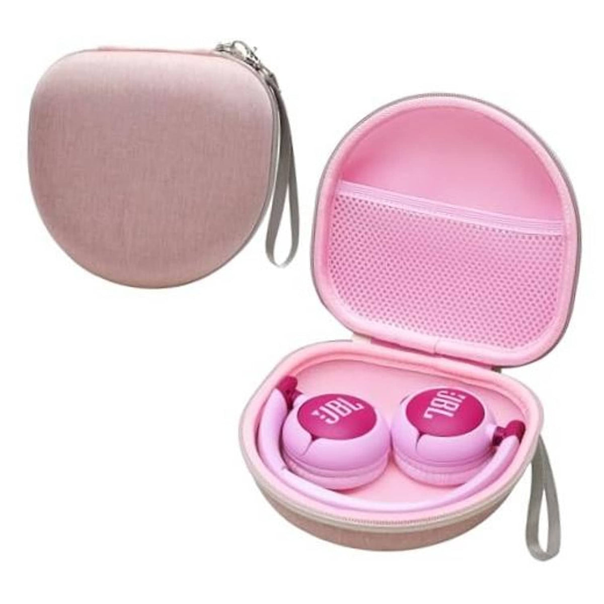 Pink round kids headphone hard case with zipper, wrist strap, and open interior.