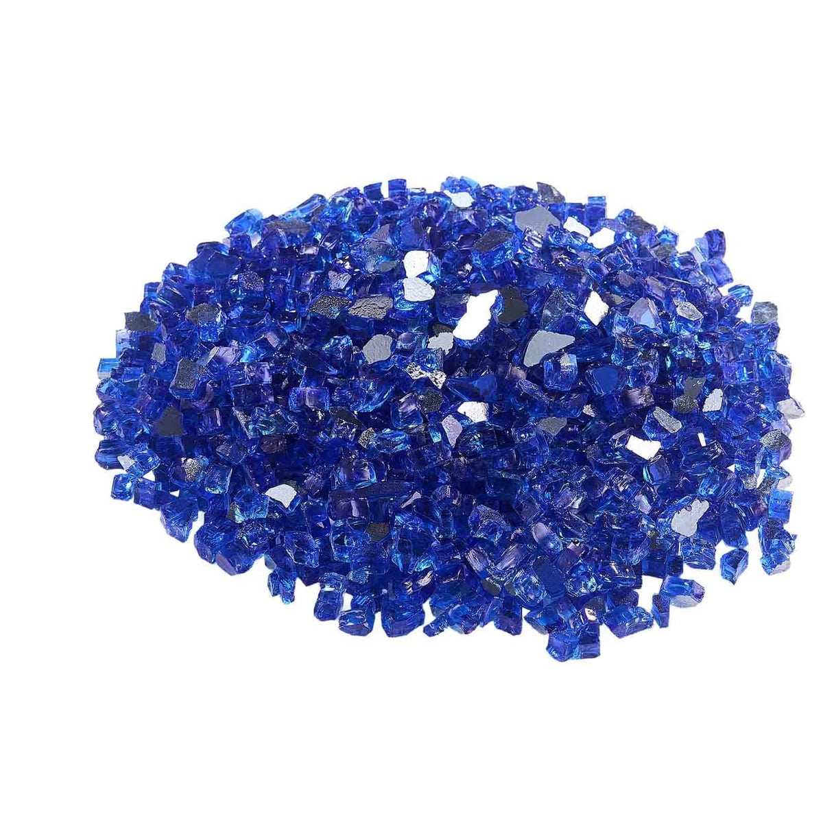 Cobalt blue crushed glass rocks pile with reflective cut pieces