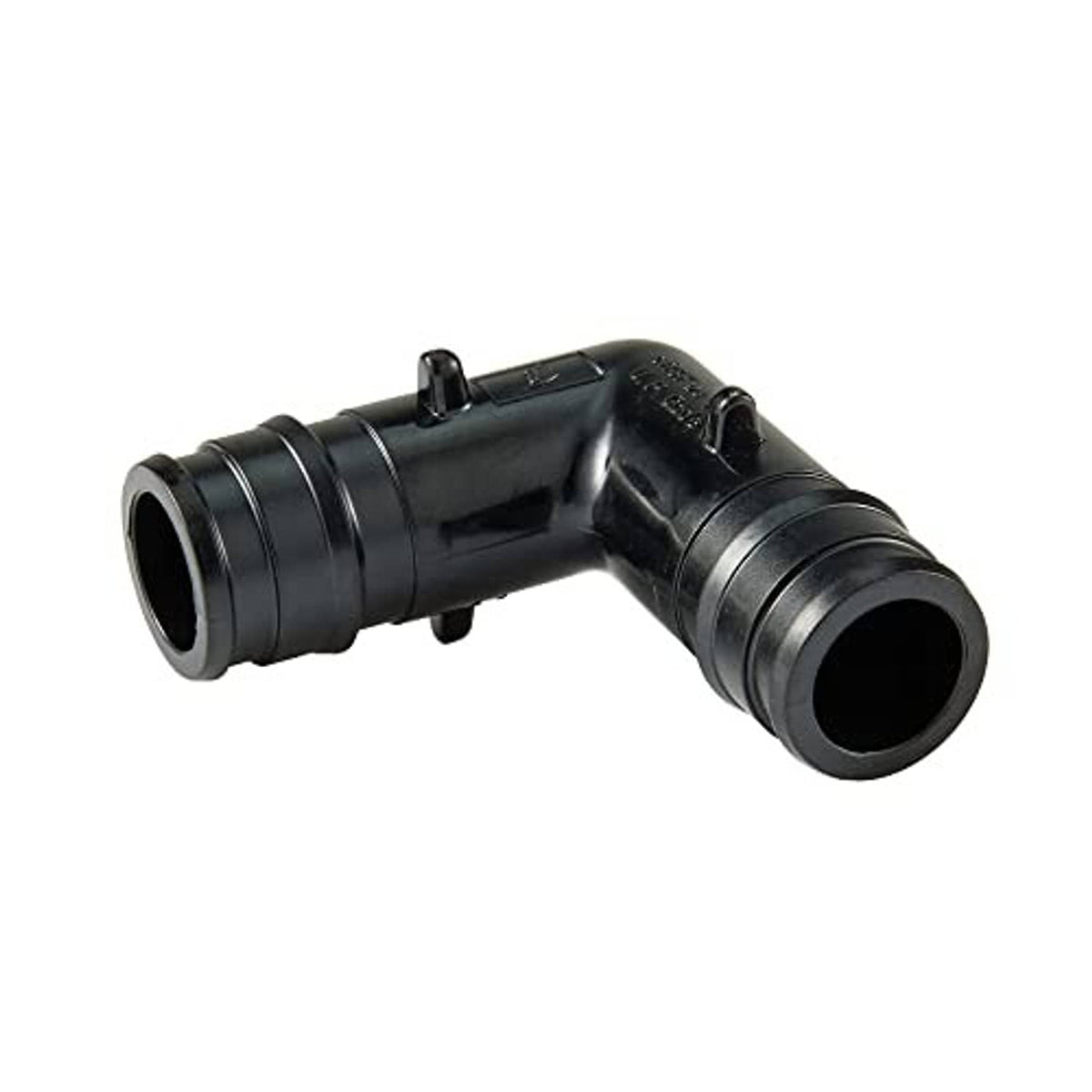 Black 90-degree elbow expansion fitting with barbed ends, 1-inch PEX-A