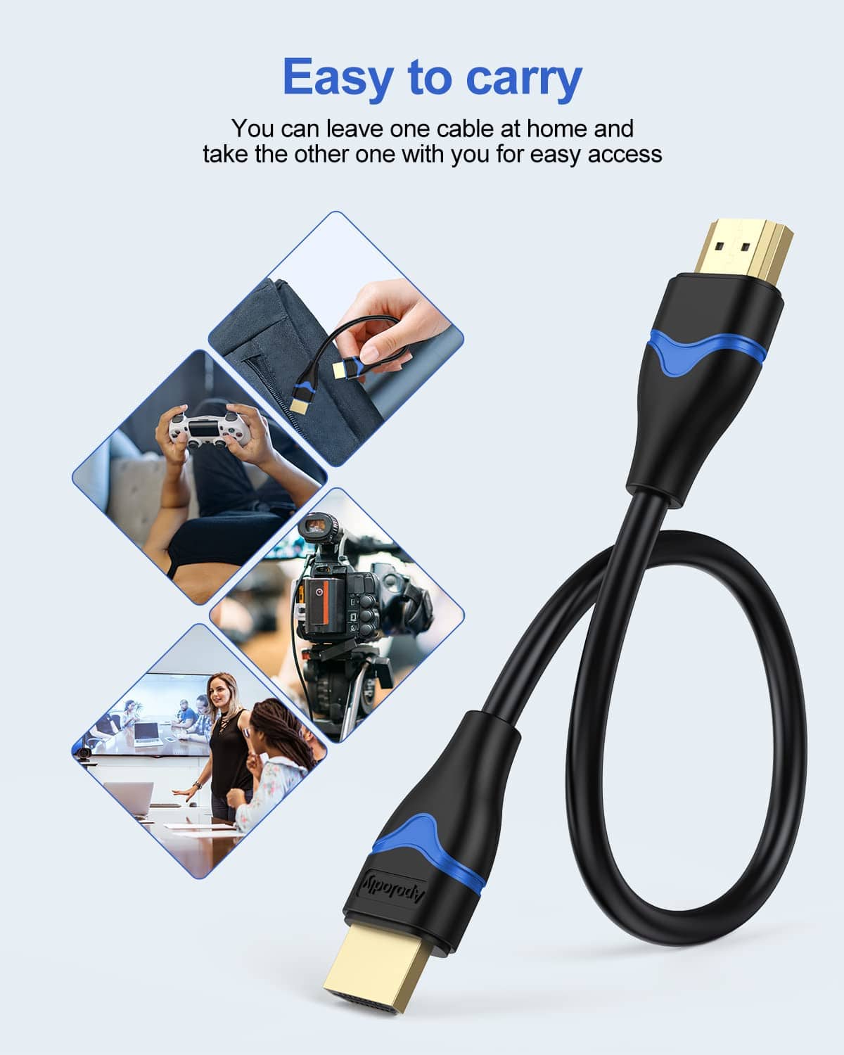 Black HDMI cable with blue grips and gold-plated HDMI connectors.
