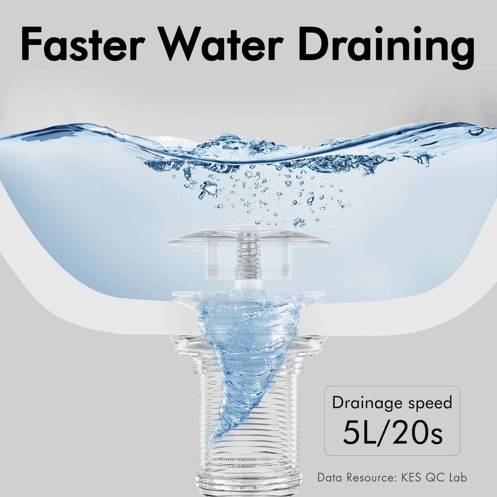 Pop-up bathroom sink drain with overflow, water draining through chrome strainer