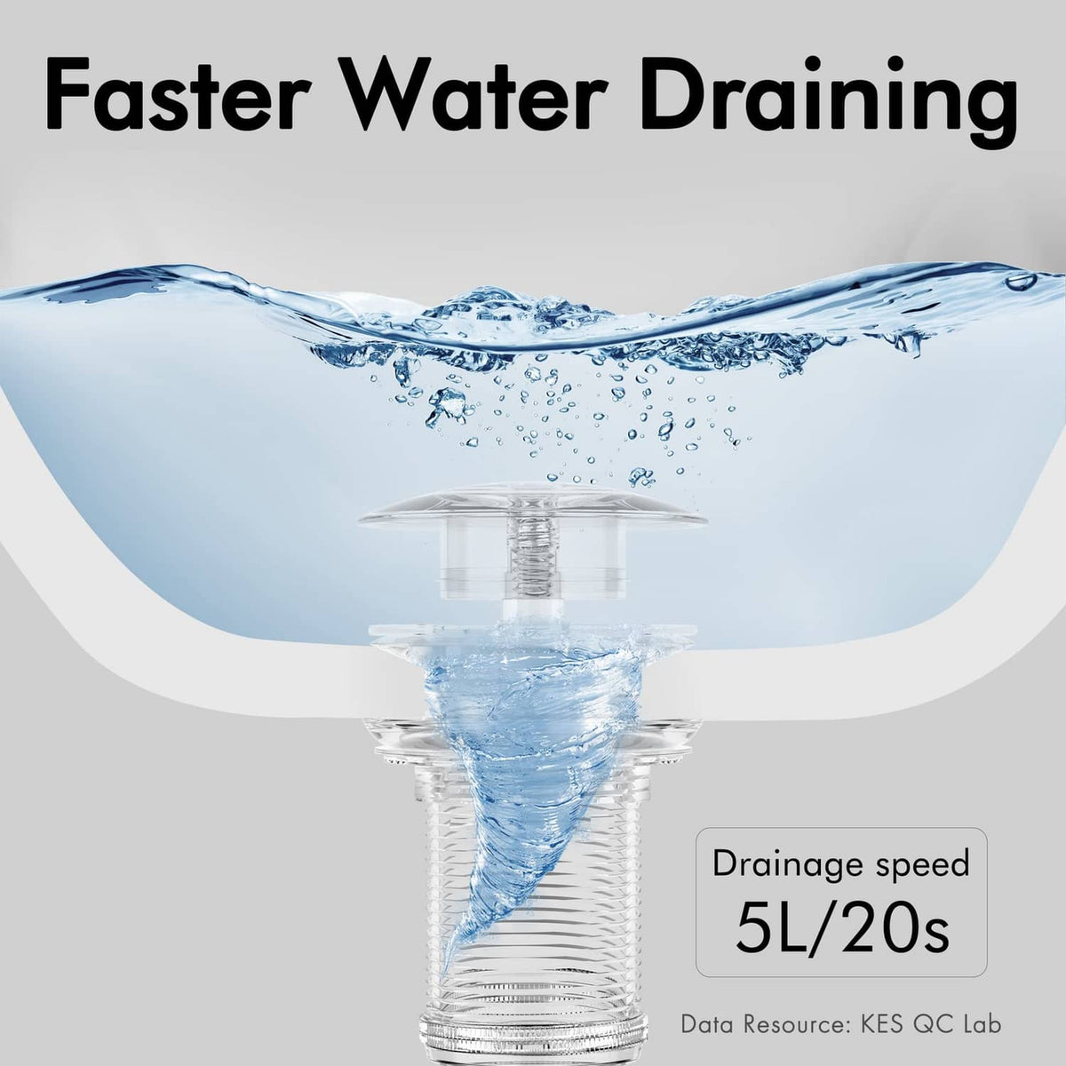Pop-up bathroom sink drain with overflow, water draining through chrome strainer