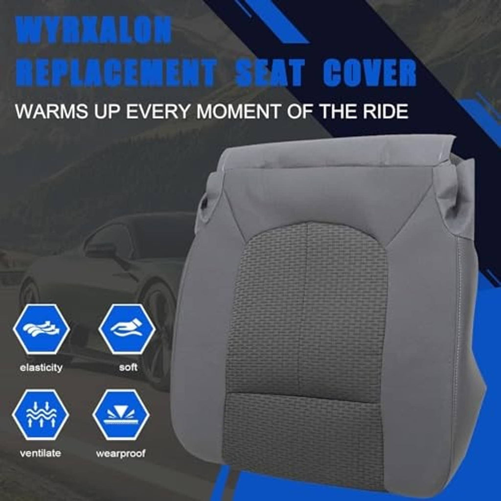 Gray cloth front driver seat cover with textured central section and stitched edges