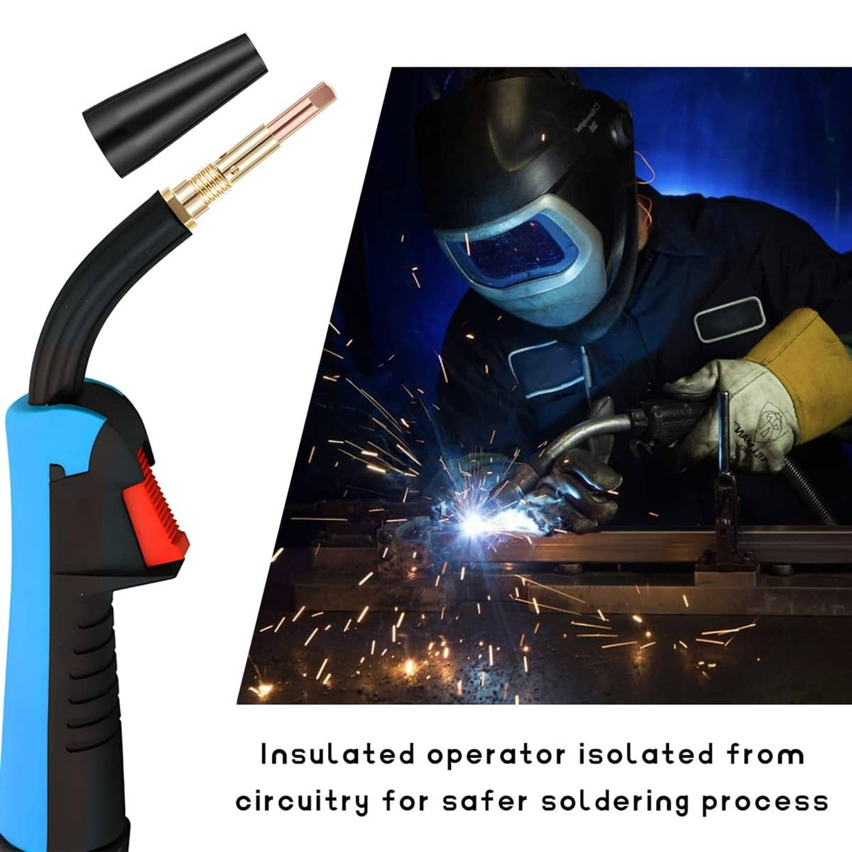 Black flux core gasless nozzle tips and welding torch in use