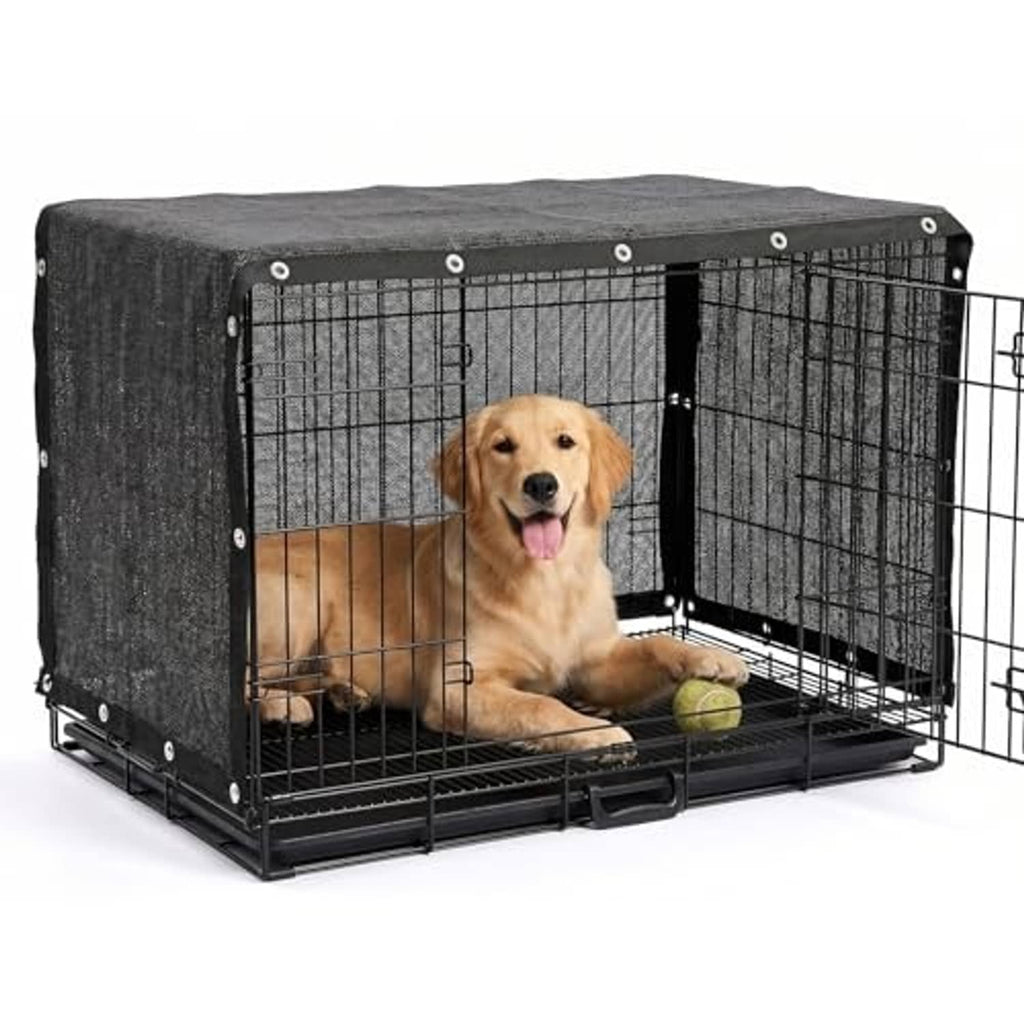Black dog kennel shade cover with dark roof and open front on metal crate