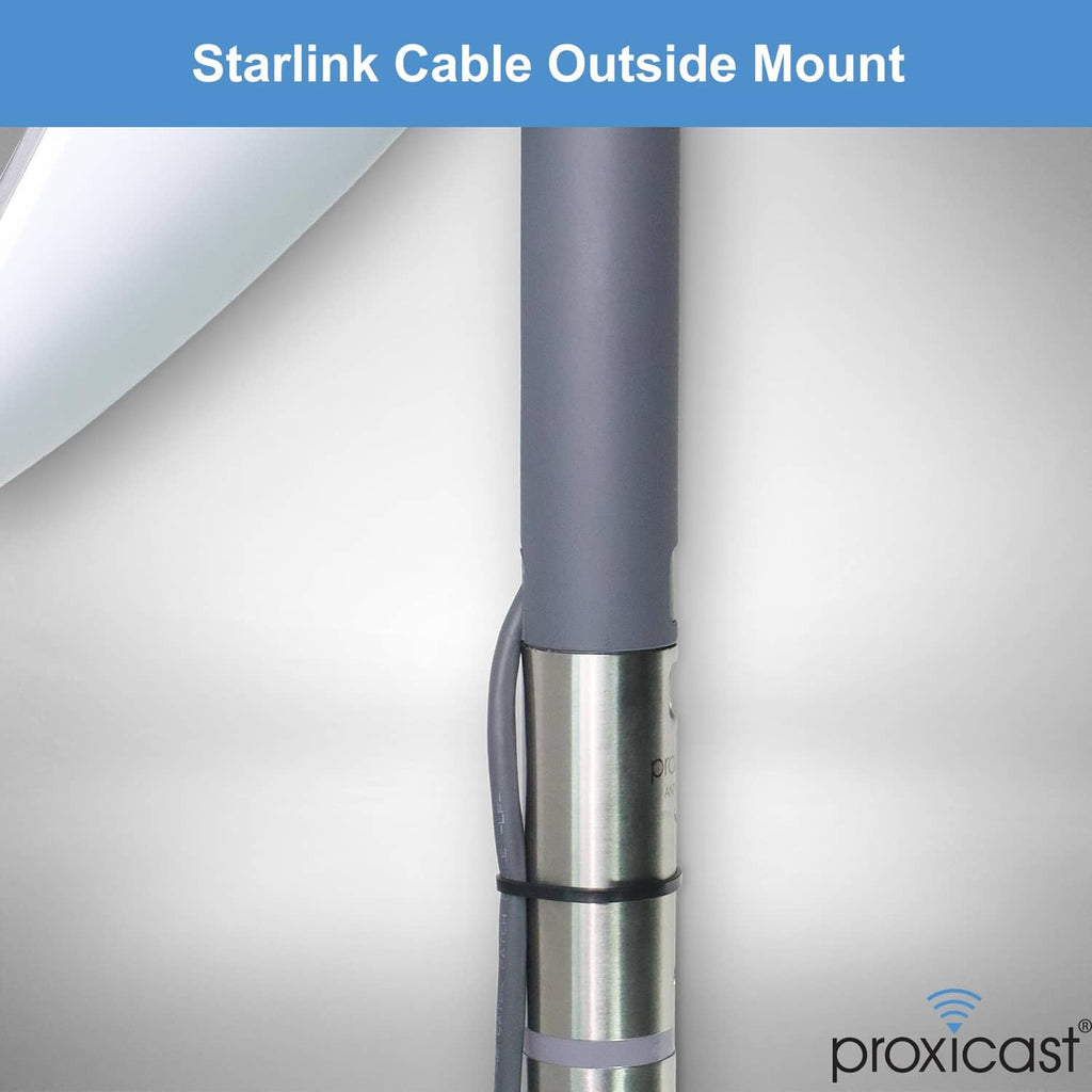 Starlink cable outside mount adapter with cable loop secured on metal tube