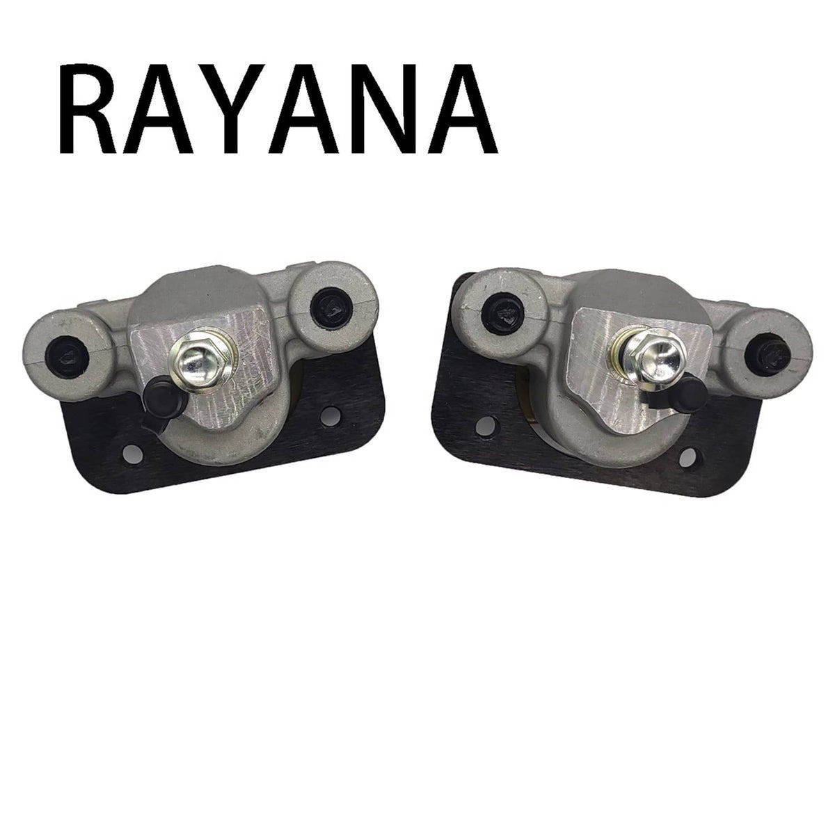 Front brake caliper pair with exposed metal piston, gray body, and black mounting plates.