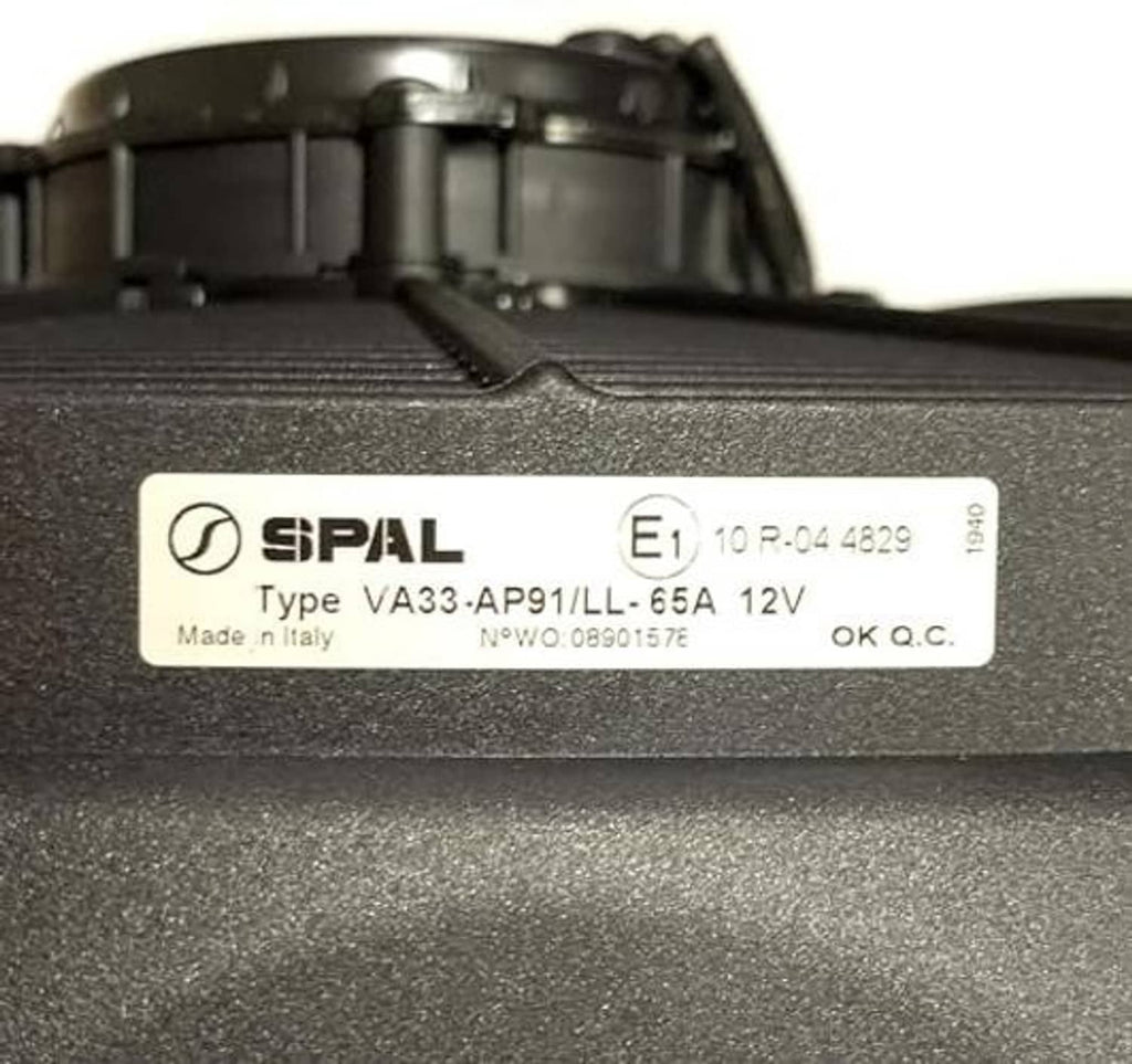 SPAL fan identification label on gray housing, Type VA33-AP91/LL-65A