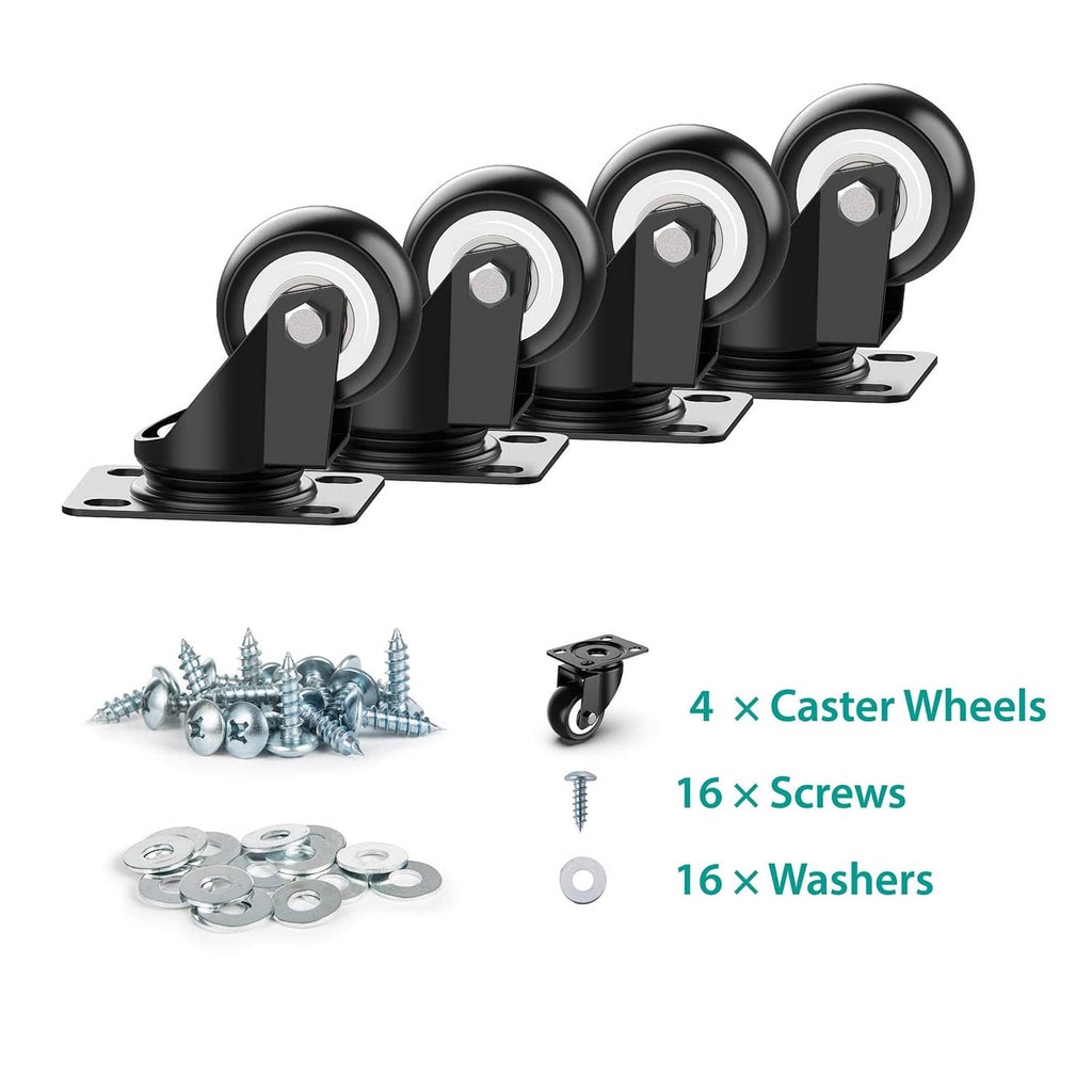 Set of four black swivel caster wheels with screws and washers for installation