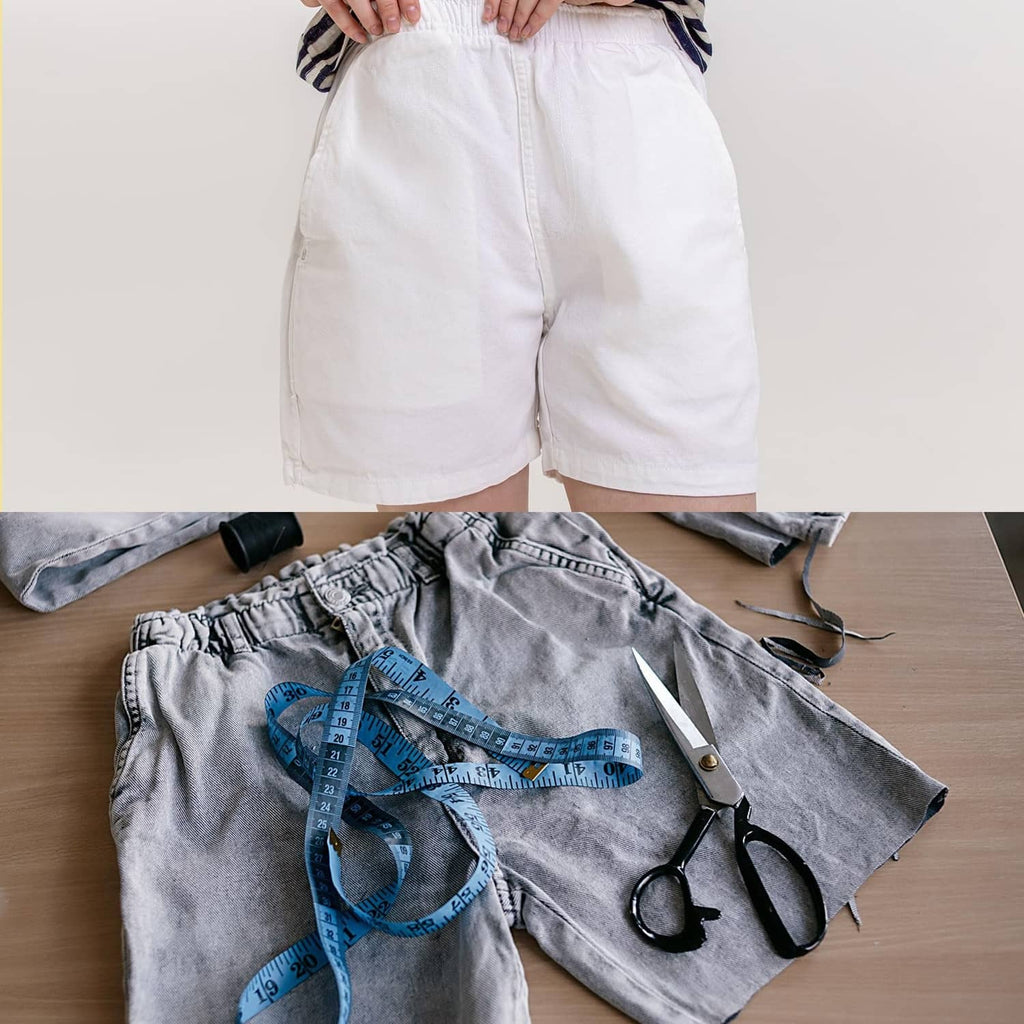 White shorts and gray fabric pieces with measuring tape