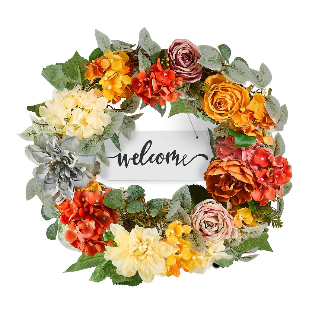 24-inch floral wreath with Welcome wooden sign and multicolor roses, hydrangeas, and greenery