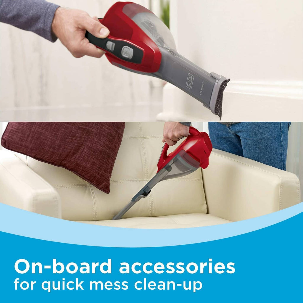 Cordless handheld vacuum in red and black cleaning couch cushions with brush and nozzle