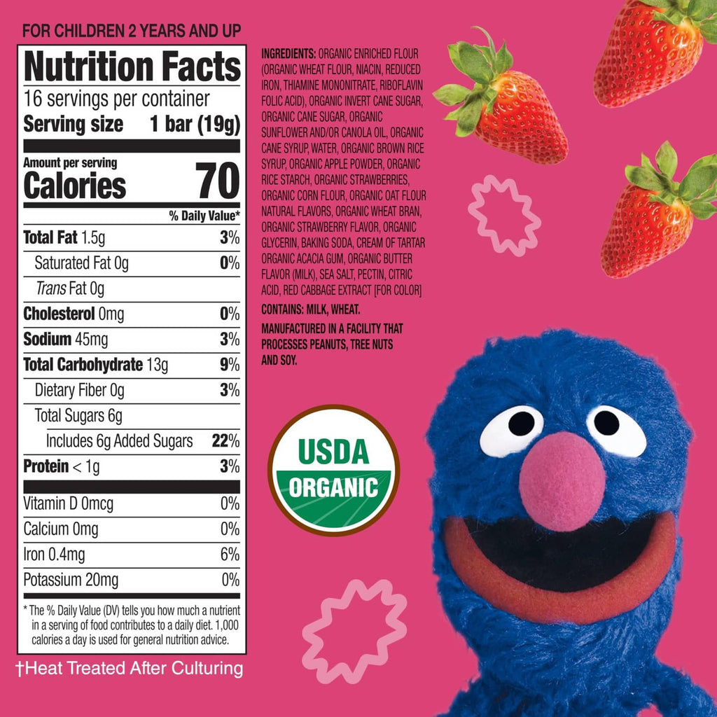 Nutrition Facts panel for organic snack bars with blue Sesame Street character