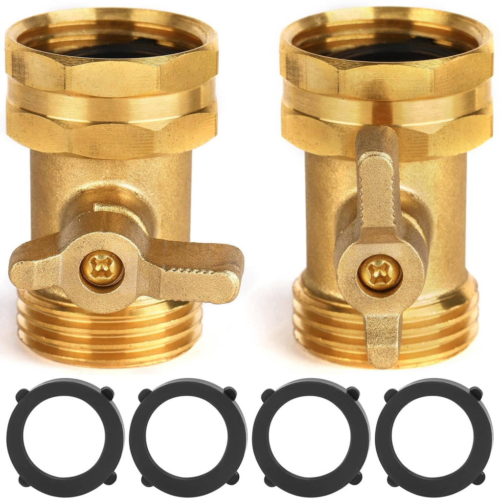 Two brass garden hose shut off valves with lever handles and included black rubber washers