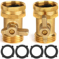 Two brass garden hose shut off valves with lever handles and included black rubber washers