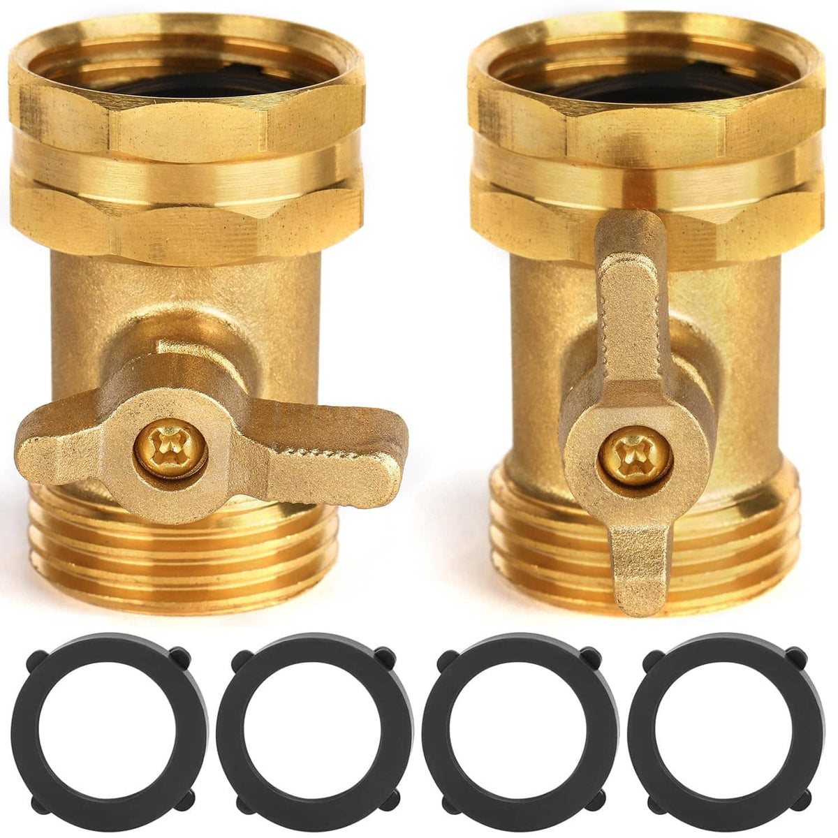 Two brass garden hose shut off valves with lever handles and included black rubber washers