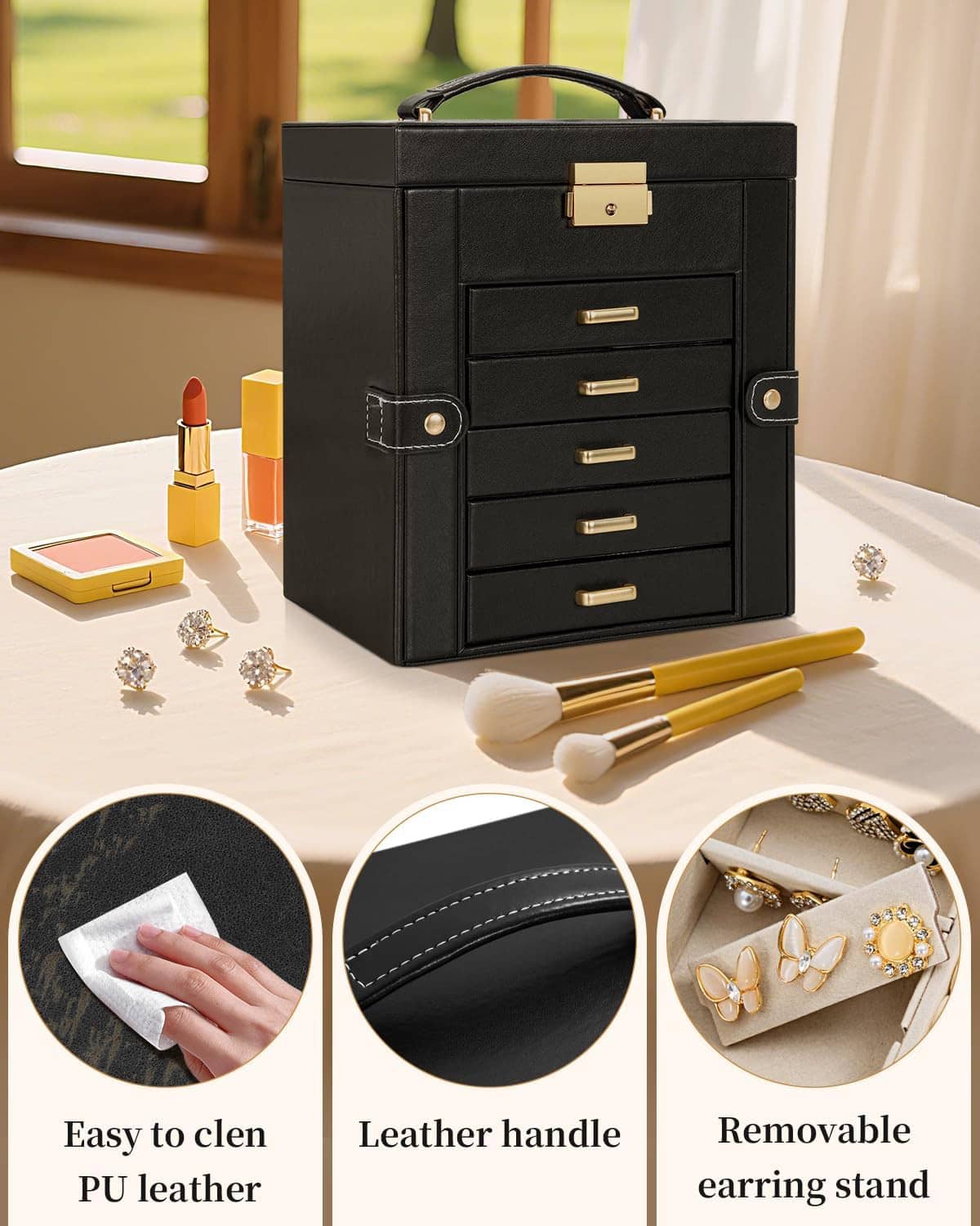 Black jewelry organizer box with handle, front drawers, and lock closure