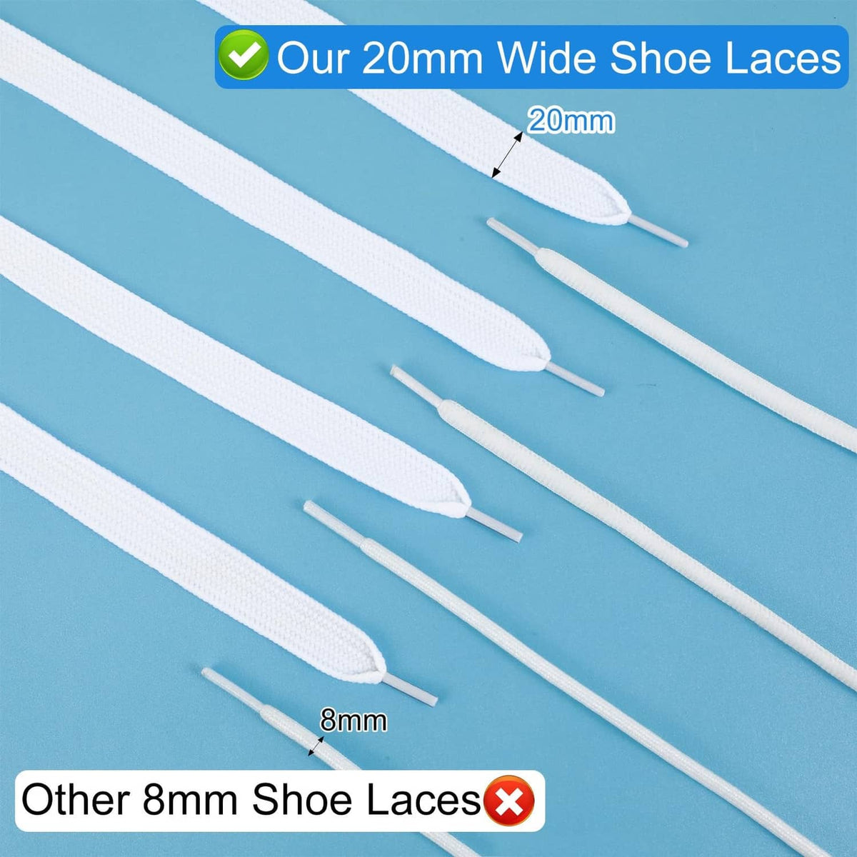 White flat shoe laces, multiple strands laid out with plastic tips
