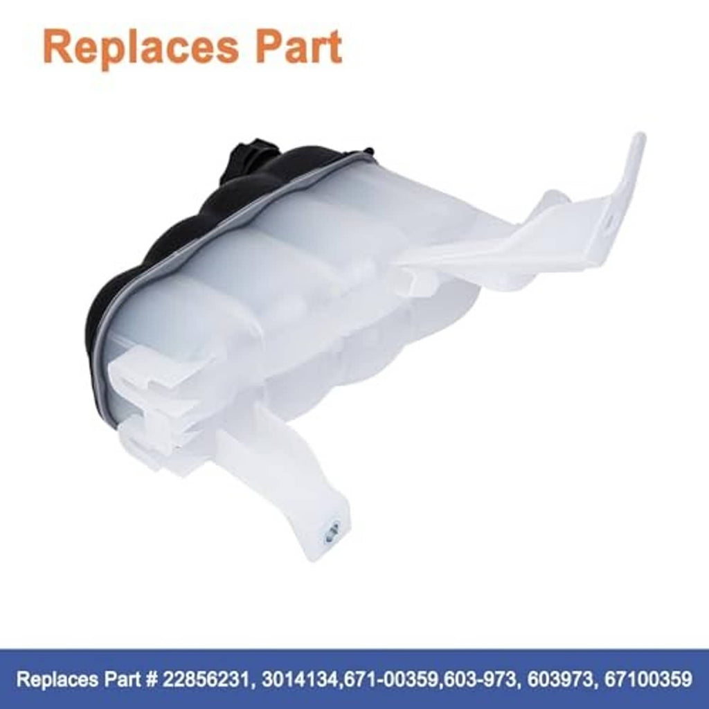 Engine coolant reservoir tank with cap, angled view of black cover and white housing