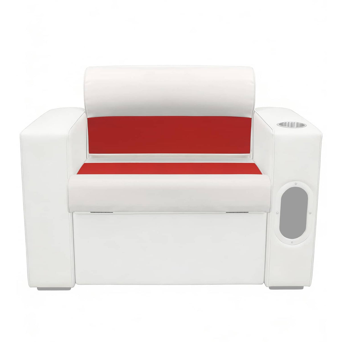 Boat pontoon bench seat cushion set, white seat with red stripe backrest and side cutout
