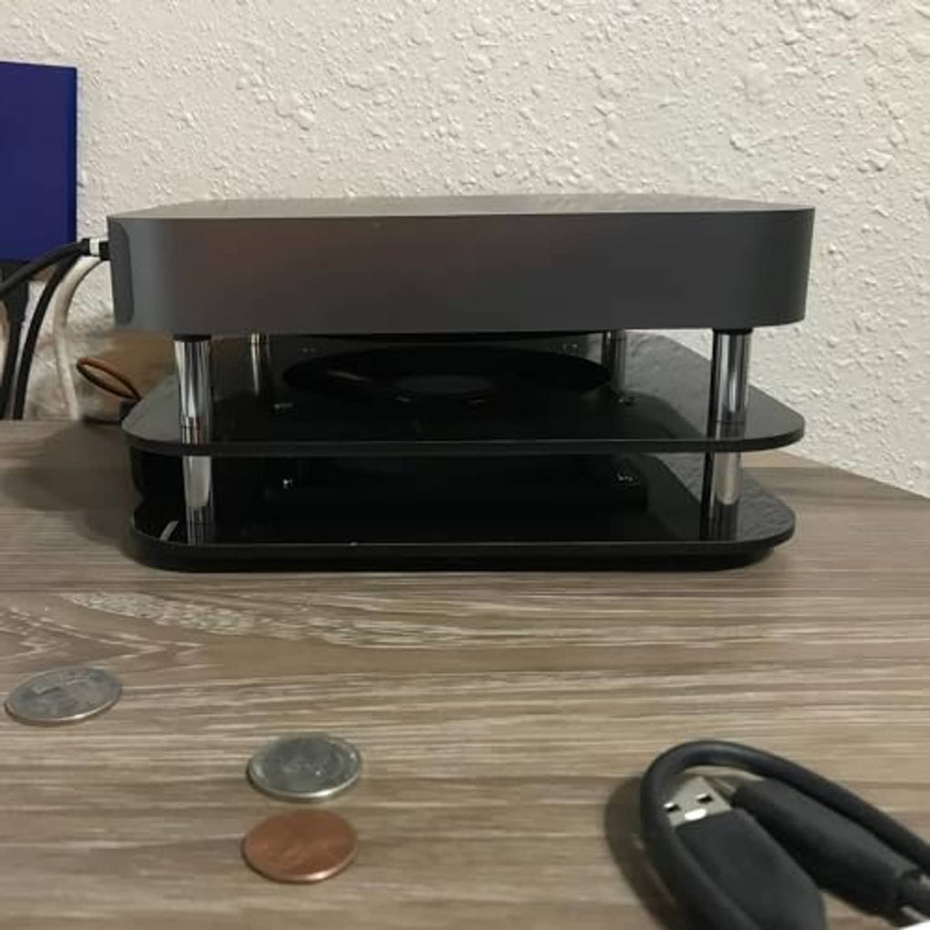 Mac mini radiator cooling fan with clear side profile and two-tier black base frame