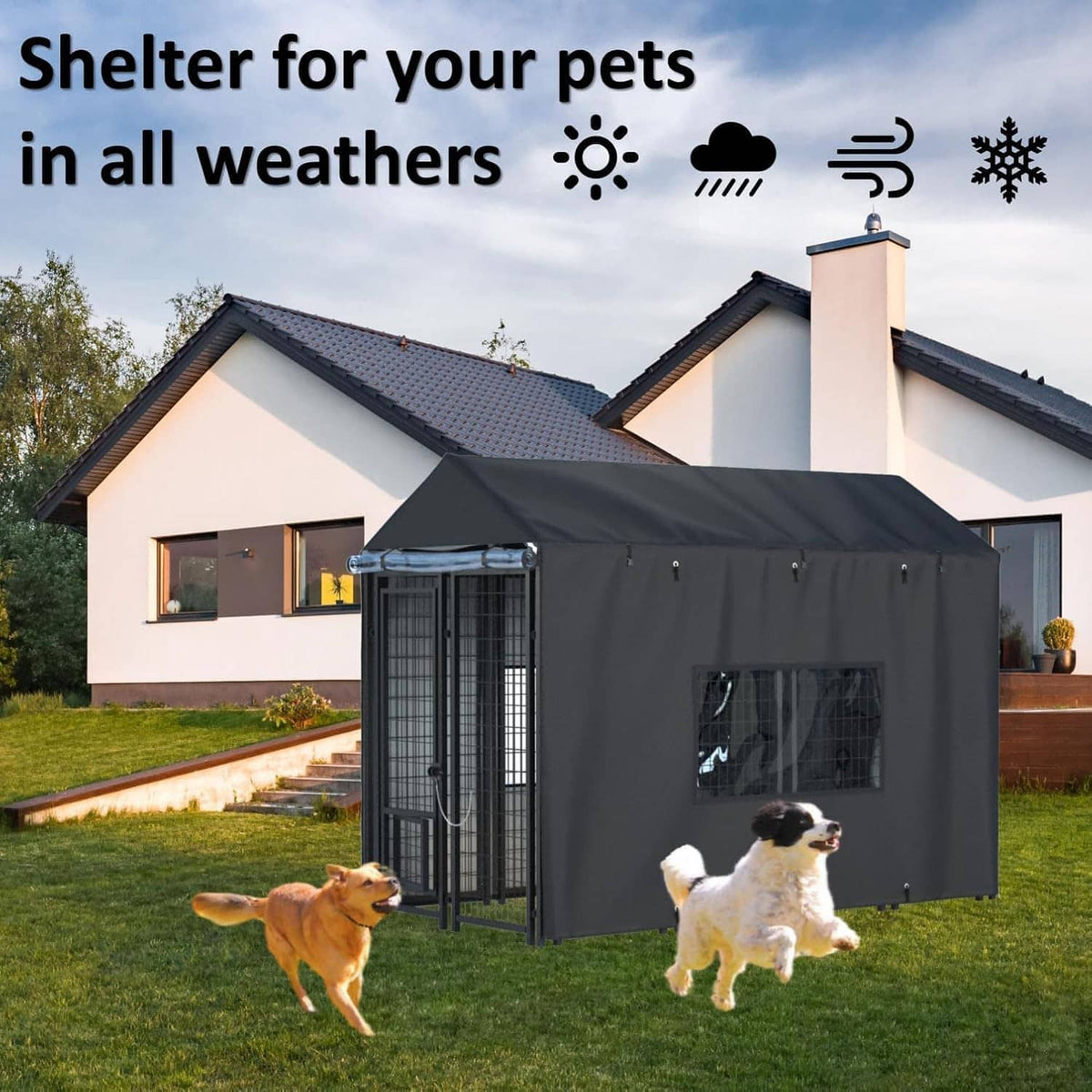 Outdoor dog kennel cover shelter with dark fabric roof and mesh window front