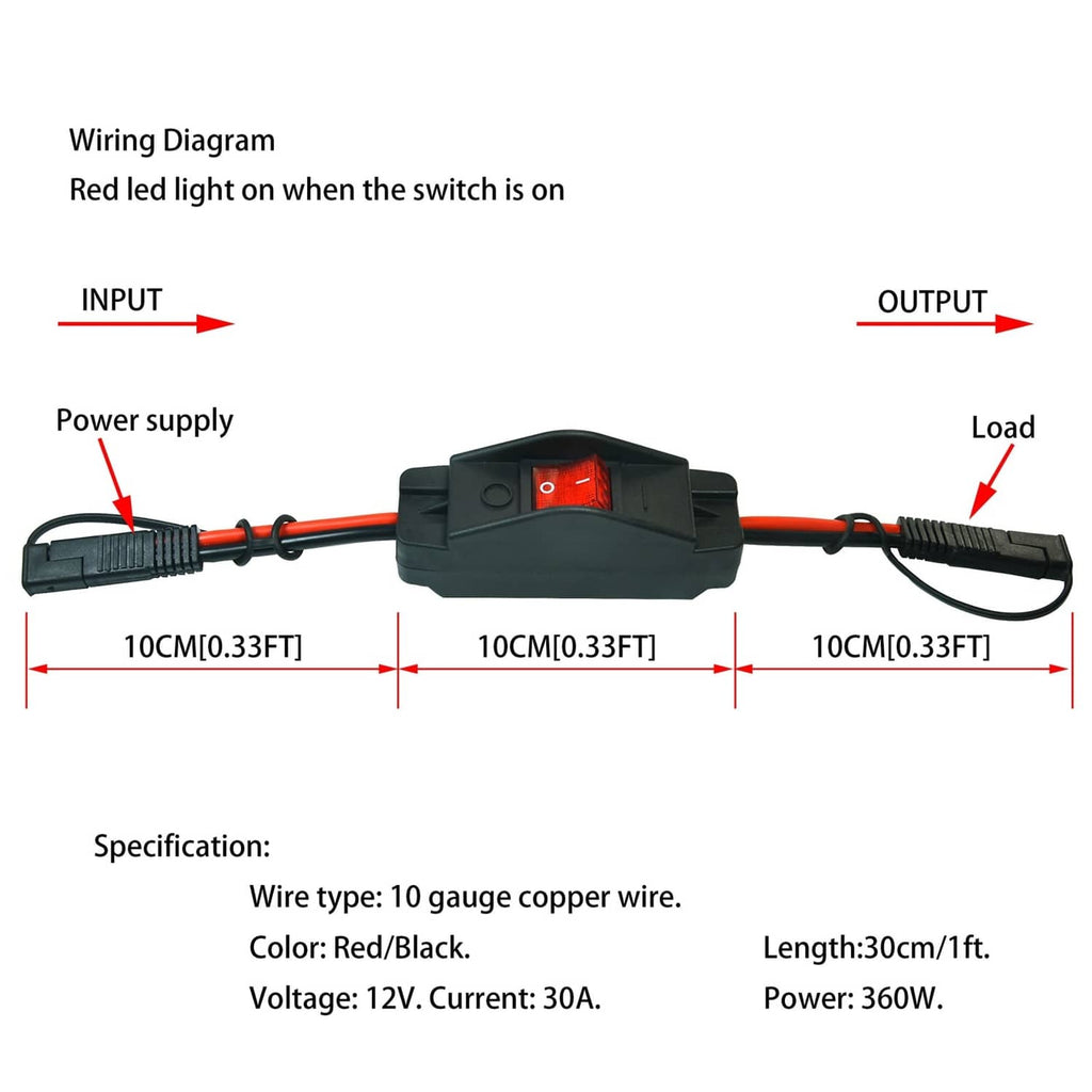Wiring diagram of 12VDC power converter cable showing input, output, and red switch