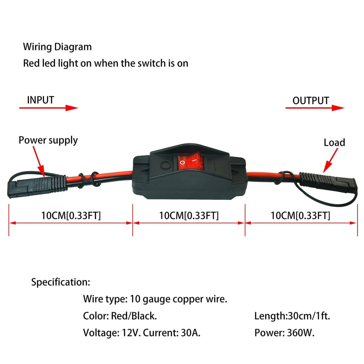 Wiring diagram of 12VDC power converter cable showing input, output, and red switch