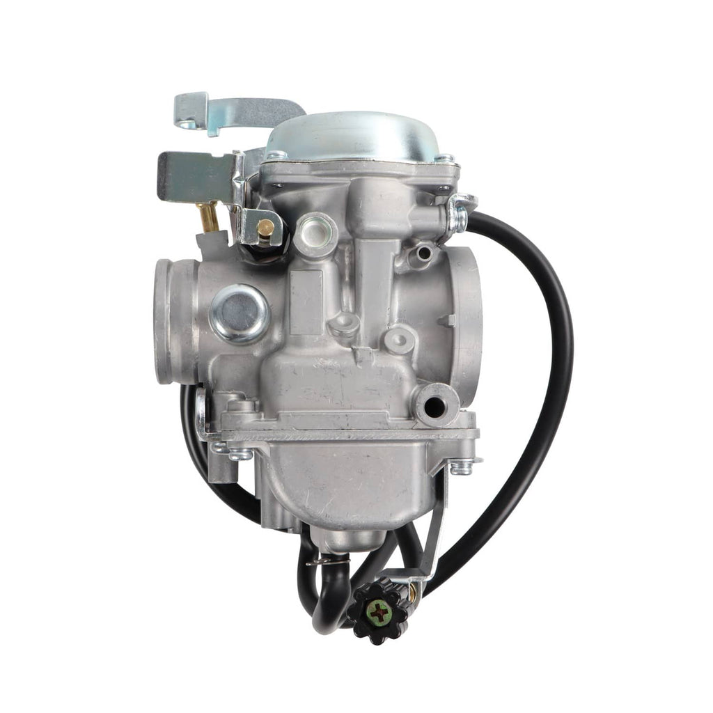 Carburetor with metal housing and attached black hose, side view