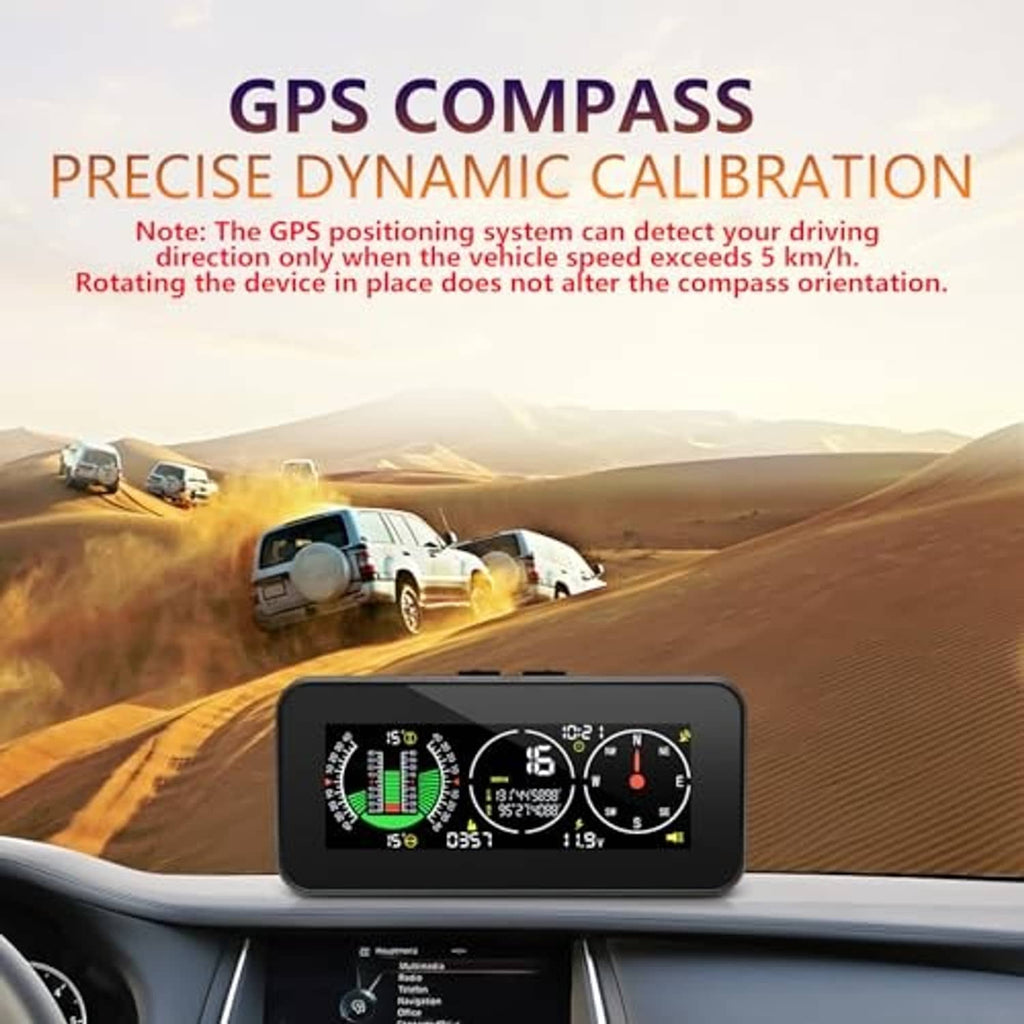 GPS compass HUD inclinometer showing compass rose and calibration readouts
