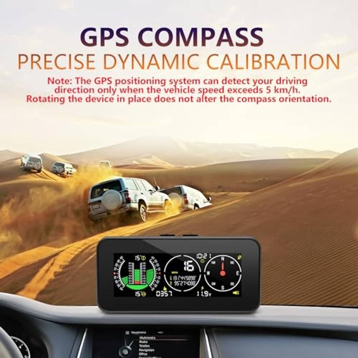 GPS compass HUD inclinometer showing compass rose and calibration readouts