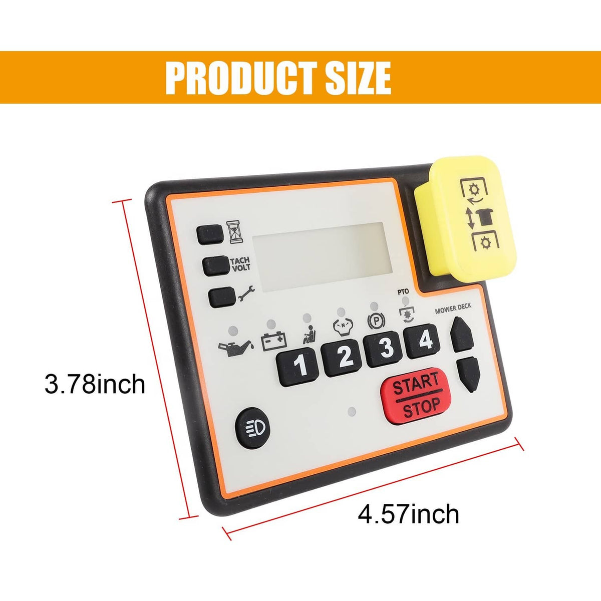 Mower control panel keypad with LCD, numbered keys 1-4, red START/STOP, yellow switch