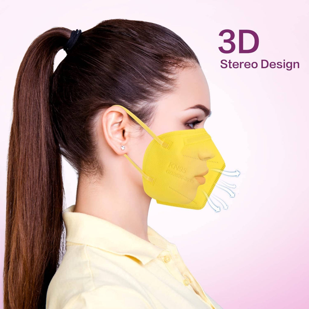 Yellow KN95-style 3D face mask shown in side profile on person