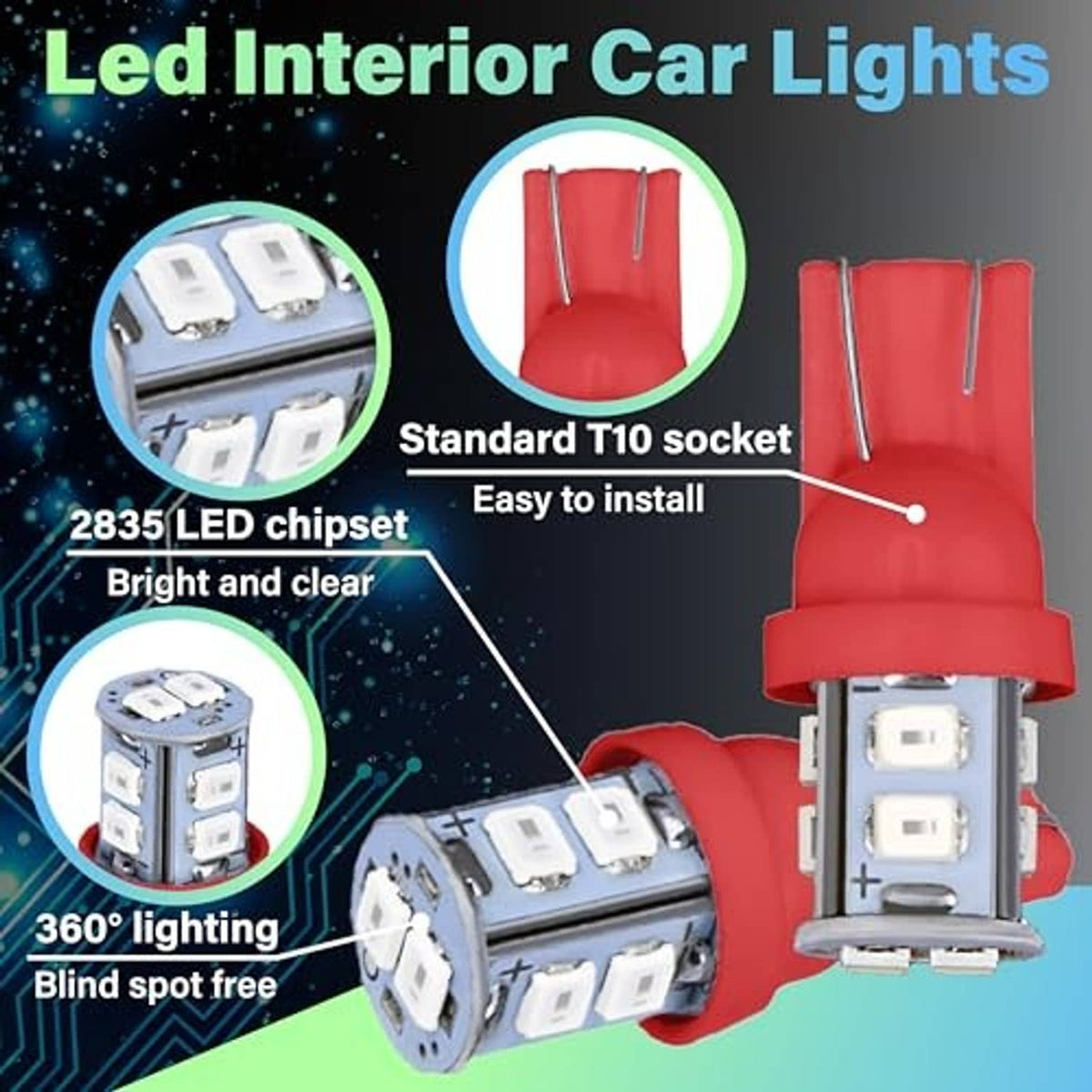 Red T10 LED interior dome bulb with white multi-LED chipset and T10 socket base